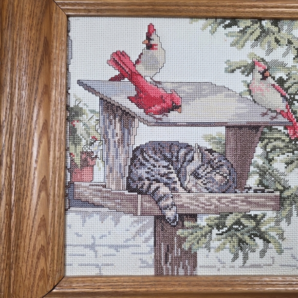 Finished Cross Stitch Cat Cardinal Art 14" Frame Needle Treasures Caught Napping - Picture 4 of 9